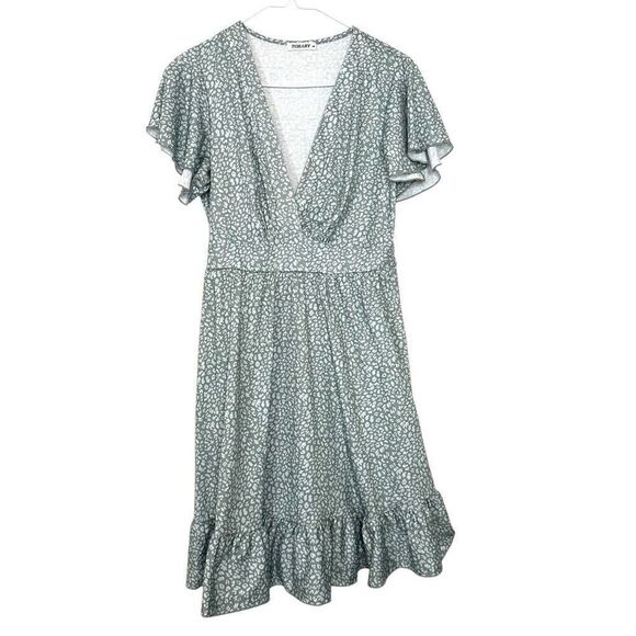 Torary Floral Short Sleeve Ruffle Wrap A Line Dress Green White Medium - Picture 1 of 5